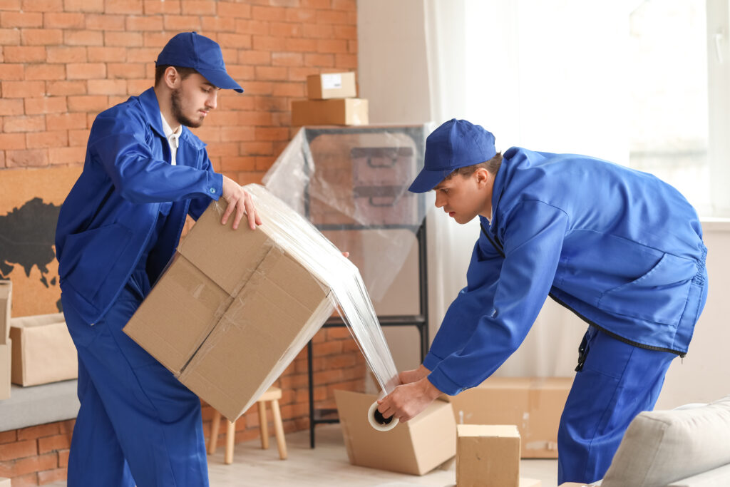 Male movers wrapping box with stretch film in room